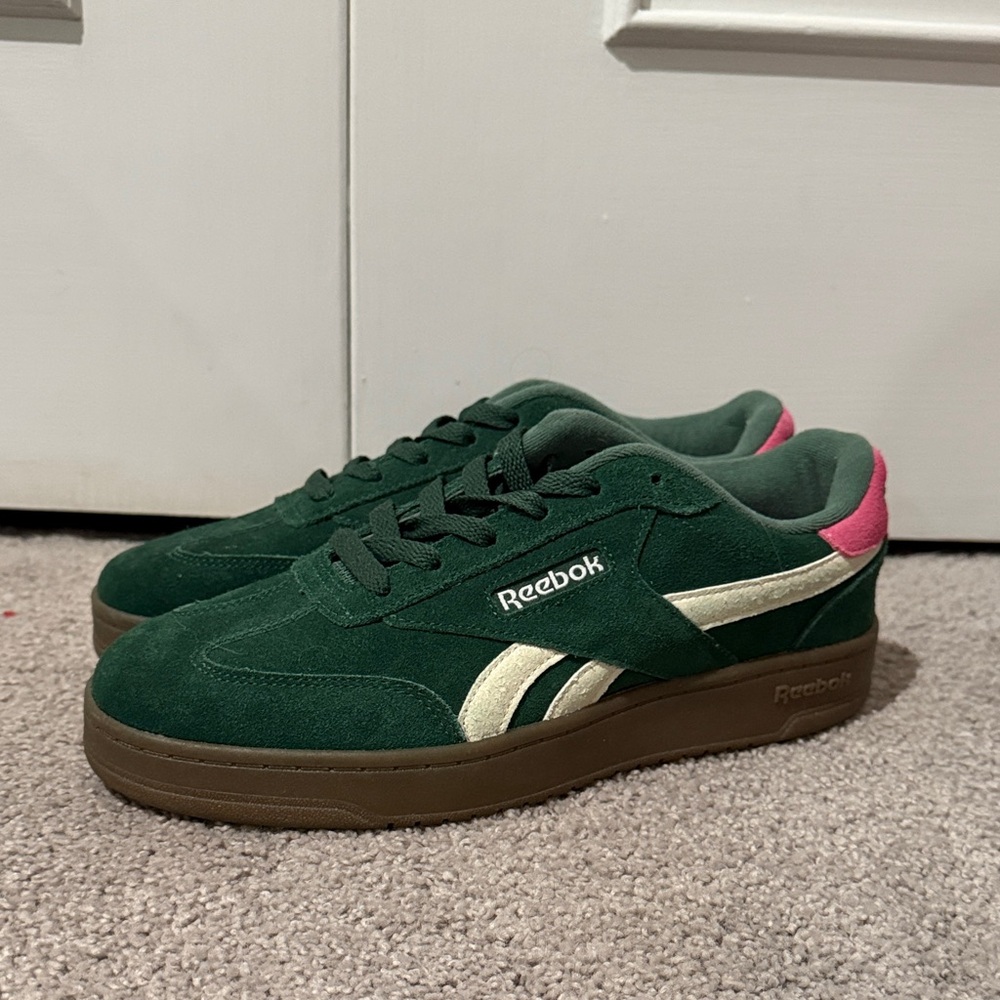 Reebok Forest Green and Pink Suede Sneakers